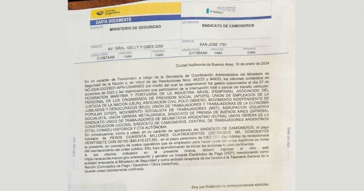 El Ministerio de Seguridad íntima a los sindicatos y centrales obreras que marcharon a Tribunales el 27 de diciembre a pagar más de 40 millones de pesos por el costo del operativo, bajo la firma de Martín Siracusa, secretario de Coordinación.