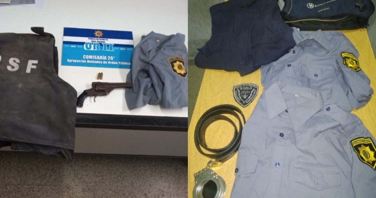 Dos jóvenes fueron aprehendidos con un revólver, municiones calibre 9 milímetros, una camisa de la Policía de Santa Fe y un porta chaleco balístico sin numeración.