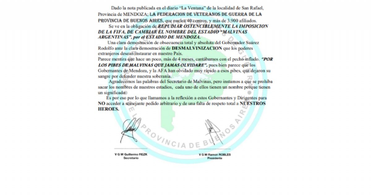 El comunicado de la Federación de Veteranos de Guerra de la Provincia de Buenos Aires.