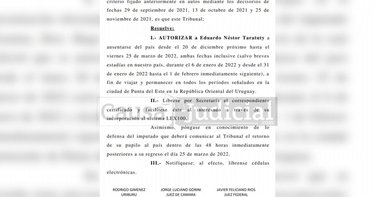 Esta solicitud fue aprobada por el Tribunal Oral en lo Criminal Federal 2, integrado por los jueces Jorge Gorini, Rodrigo Giménez Uriburu y Javier Feliciano Ríos.