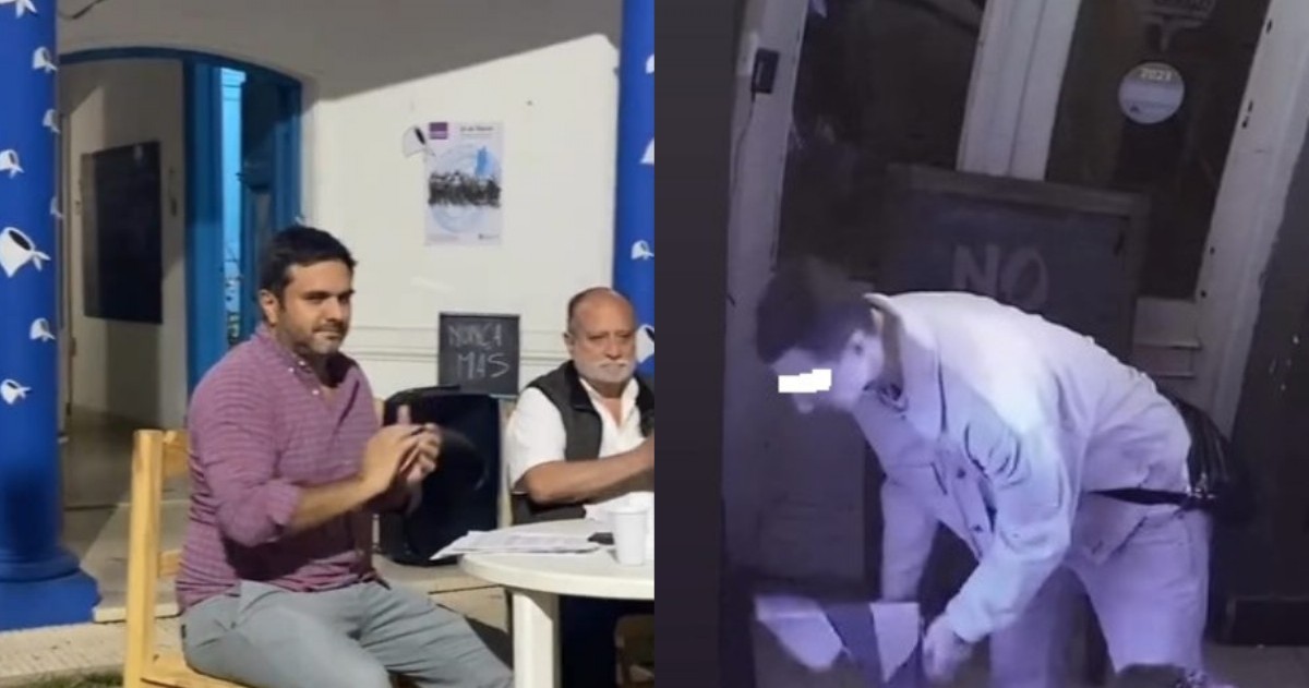 A la izquierda, una imagen de Santiago Altube (secretario del intendente Ustarroz) junto a Marcelo Heredia (ex juez camporista) y, del lado derecho, el joven escrachado por el local.