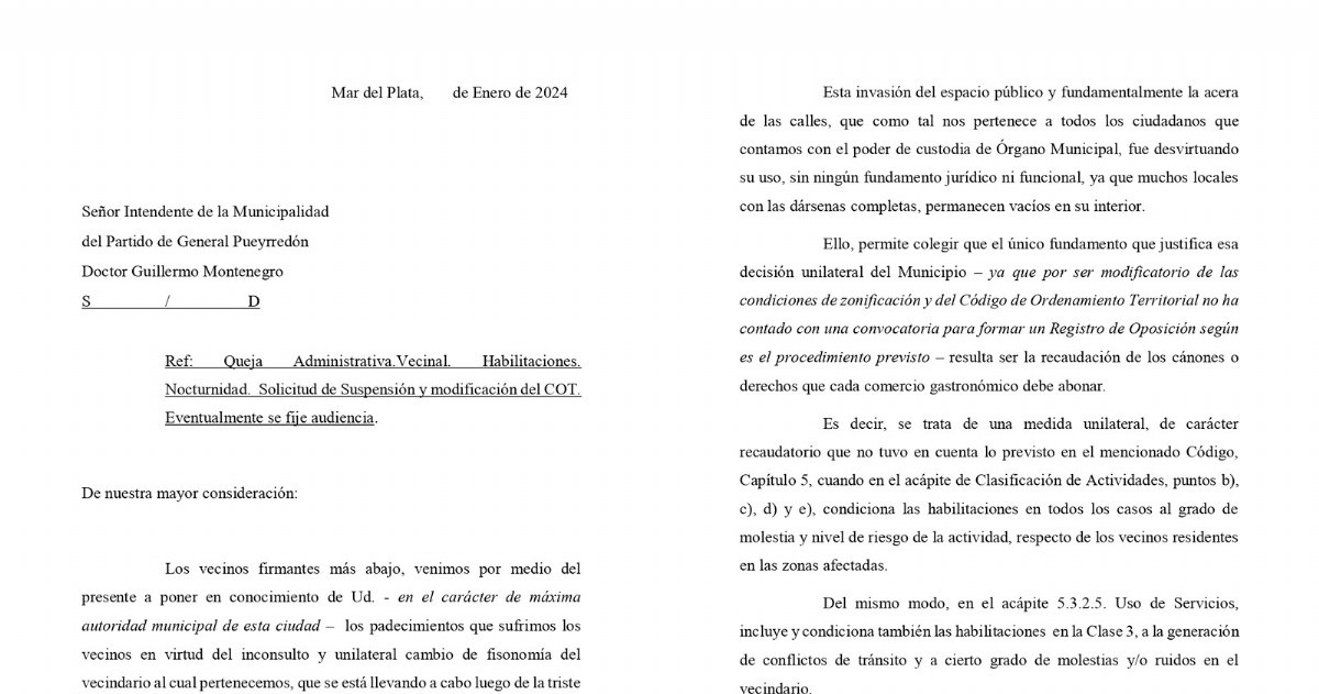 Documento enviado al intendente marplatense Guillermo Montenegro.