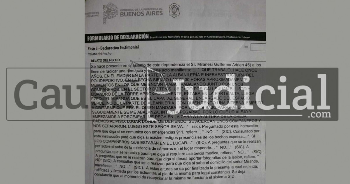 La denuncia realizada por un empleado municipal marplatense. (Foto: Causa Judicial)