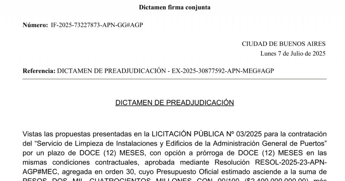 El dictamen que aprobó la Administración General de Puertos (AGP).
