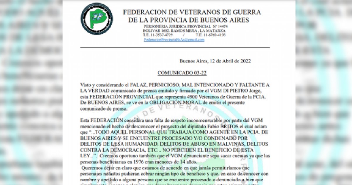 El comunicado de la Federación de Veteranos de Guerra de la Provincia de Buenos Aires.