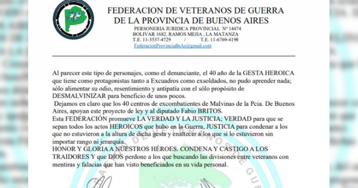 El comunicado de la Federación de Veteranos de Guerra de la Provincia de Buenos Aires.