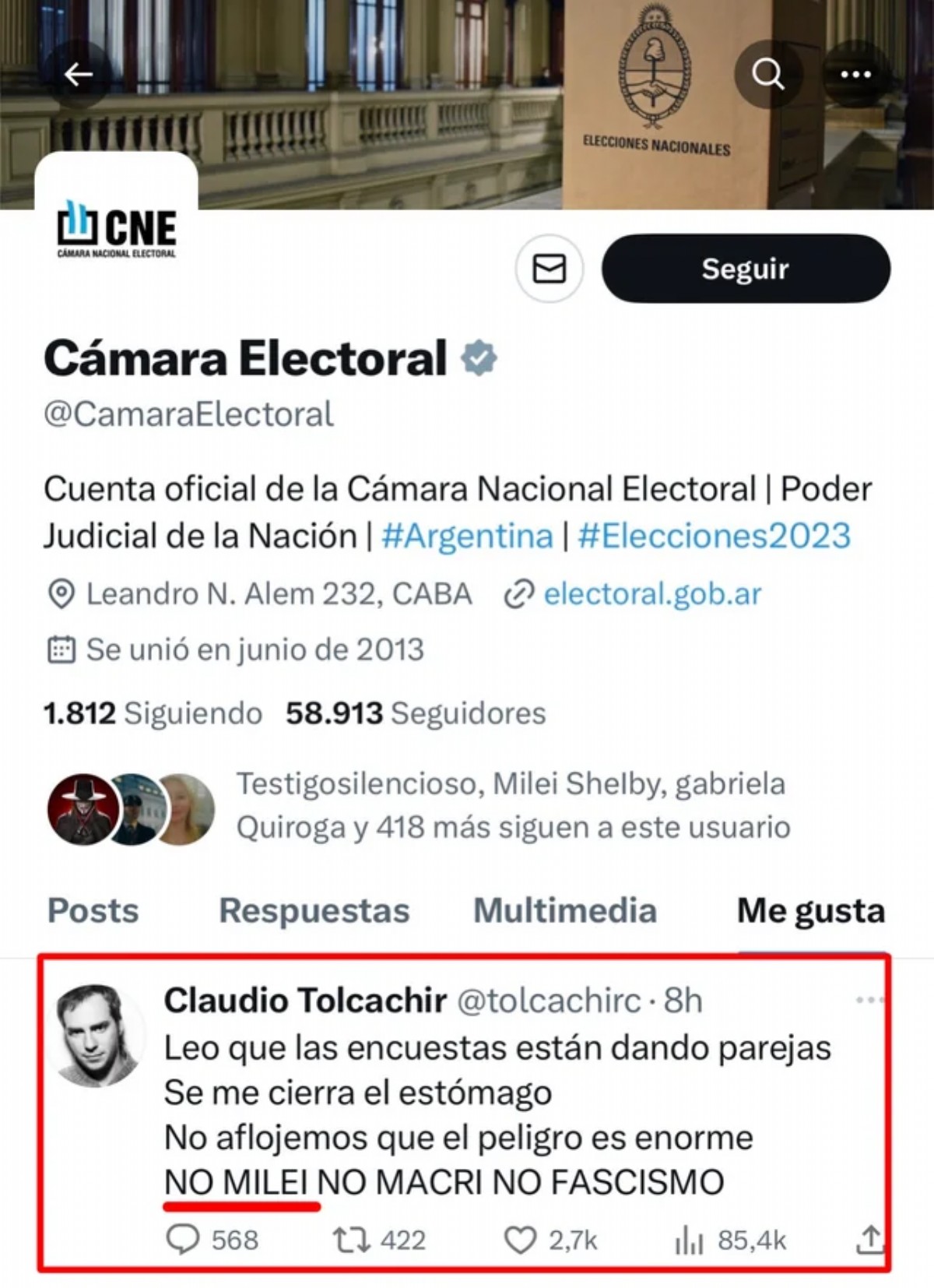 El posteo al que la CNE le habría puesto "me gusta".