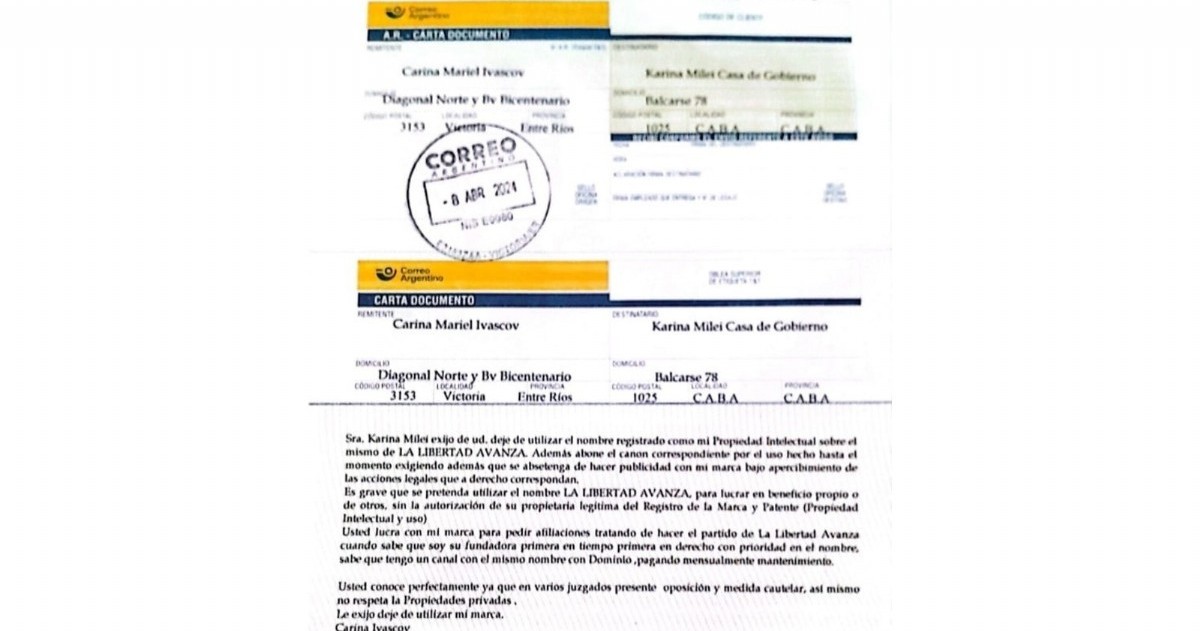 Carta documento a la secretaria de Presidencia, Karina Milei.