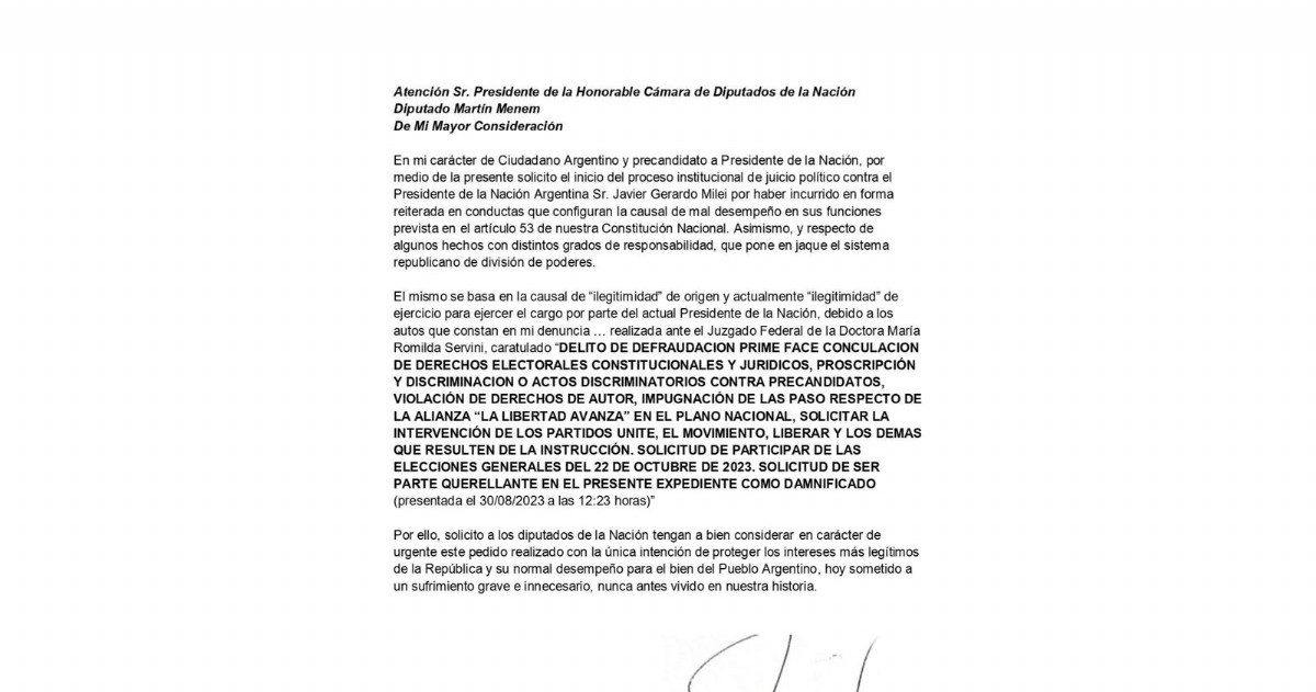 El ex precandidato a presidente del Frente LiberAr, Eduardo Vasena, presentó un pedido de juicio político.