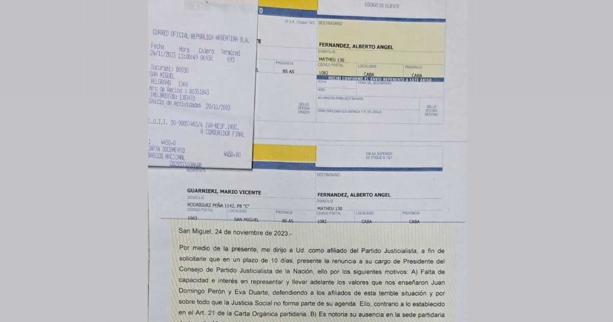 Carta documento que envió el ex precandidato a gobernador bonaerense nacionalista Mario Guarnieri al actual presidente Alberto Fernández.