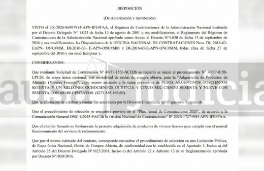 Una compra gigantesca de víveres para la Fuerza Aérea alcanza los 271.885.169,60 de pesos