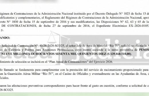 La gestión de Carlos Presti avanzó con una contratación millonaria para abastecer reuniones protocolares militares